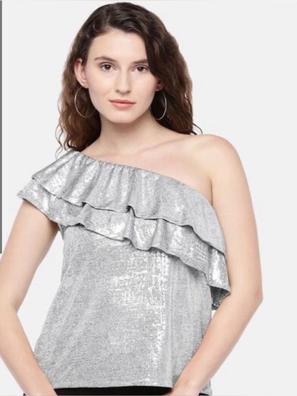 TCEC Silver Metallic One-Shoulder Ruffle Top Small - Picture 1 of 7